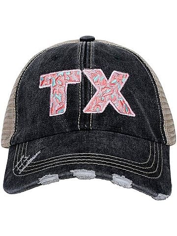Katydid Collection Women's Texas State Embroidered Distressed Trucker Hat in Pink Leopard (view 1)