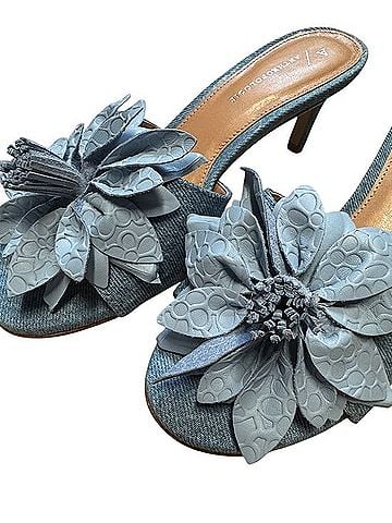 Anthropologie Blue Floral Appliqué Slide Sandals Heels (view 2)