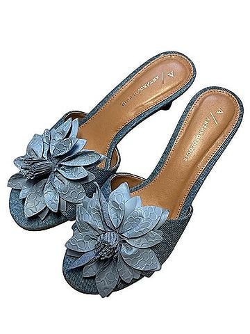 Anthropologie Blue Floral Appliqué Slide Sandals Heels (view 1)