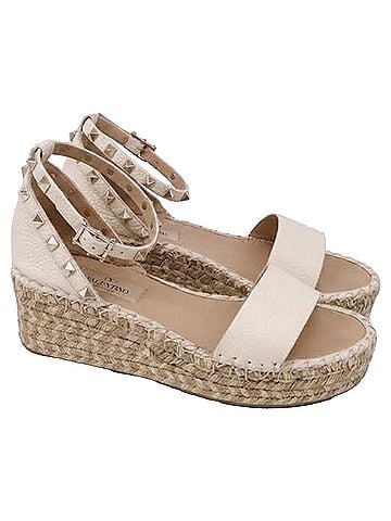 Mario Valentino Valentino Garavani Rockstud Espadrille Wedge Sandals in White Leather (view 1)