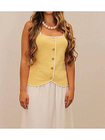 Skies Are Blue Valentina Contrast Trim Knit Tank Top in Yellow (view 2)