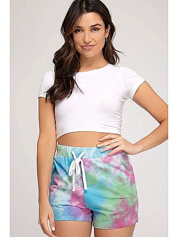 She + Sky Tie Dyed Light Weight Terry Shorts in Pink/Blue (view 2)