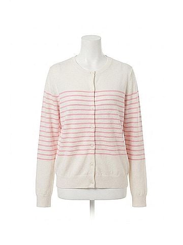 Skies Are Blue Striped Button Down Cardigan in White/Pink (view 1)