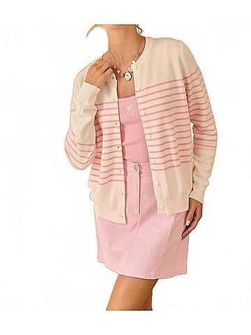 Skies Are Blue Striped Button Down Cardigan in White/Pink (view 2)