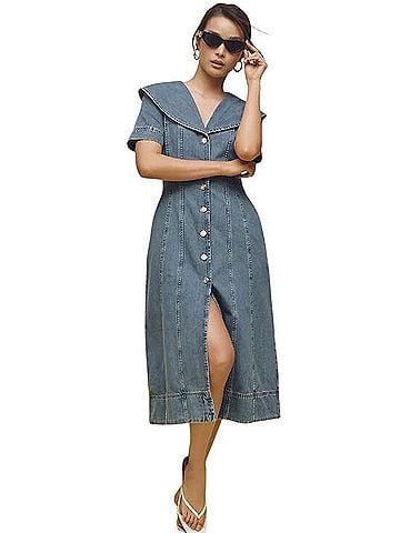 Anthropologie ALIGNE Shawl-Collar Denim Midi Dress Casual Dress (view 1)