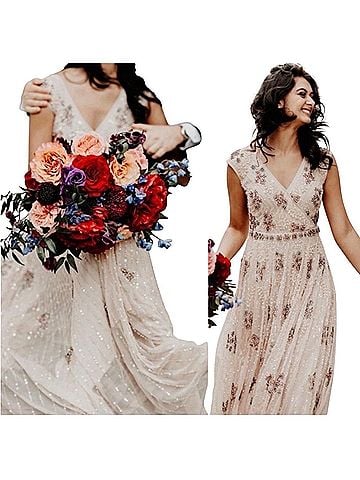 Mac Duggal Mac Duggal 93575 Embellished Wrap Over A-Line Gown Sz 14 Wedding Blush NWT $998 Cocktail Dress (view 1)