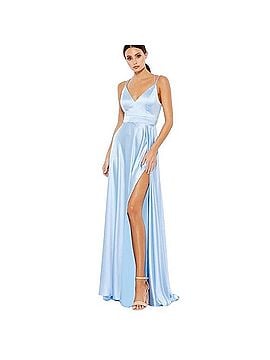 Mac Duggal Ieena Mac Duggal Satin Strappy Back High Slit Gown Cocktail Dress (view 1)