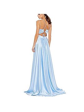 Mac Duggal Ieena Mac Duggal Satin Strappy Back High Slit Gown Cocktail Dress (view 2)