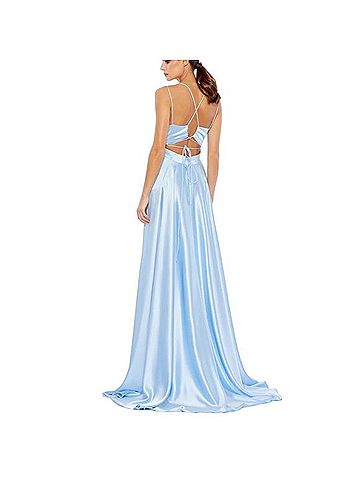 Mac Duggal Ieena Mac Duggal Satin Strappy Back High Slit Gown Cocktail Dress (view 2)