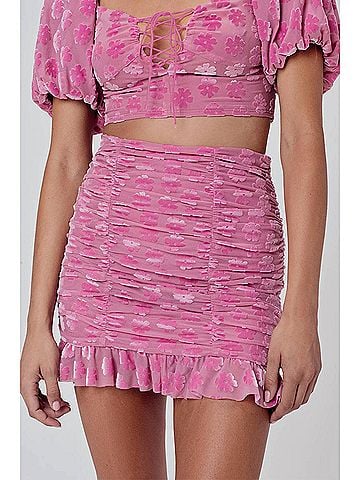 For Love & Lemons Lusk Mini Skirt in Pink Velvet (view 2)