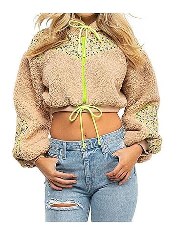 For Love & Lemons Brooke Shearling Cropped Hoodie in Teddy (view 2)