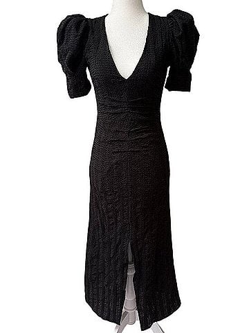 Astr Black Puff Sleeve Deep V Midi Dress Casual Dress (view 1)