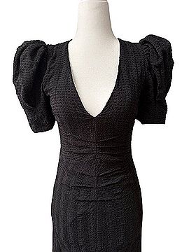 Astr Black Puff Sleeve Deep V Midi Dress Casual Dress (view 2)