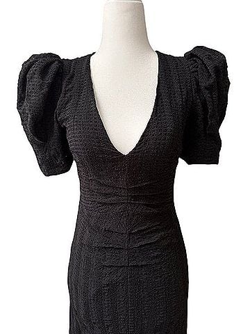 Astr Black Puff Sleeve Deep V Midi Dress Casual Dress (view 2)