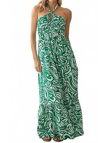 Skies Are Blue Floral Paisley Print Halter Neck Maxi Dress in Green (view 2)