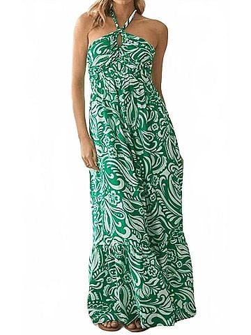 Skies Are Blue Floral Paisley Print Halter Neck Maxi Dress in Green (view 2)