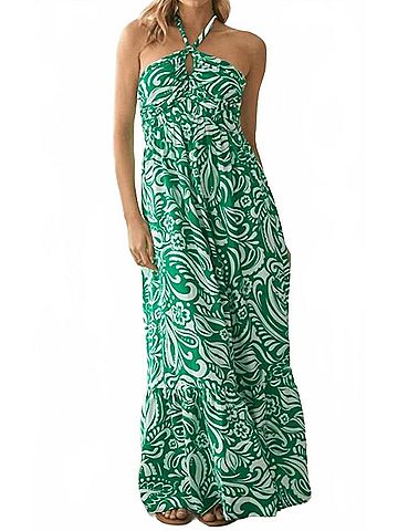 Skies Are Blue Floral Paisley Print Halter Neck Maxi Dress in Green (view 2)