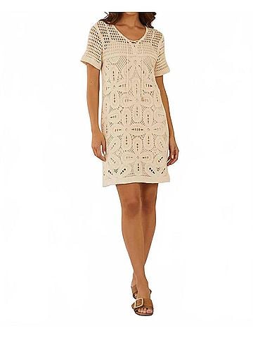 Skies Are Blue Luce Crochet Short Sleeve Mini Dress in Ivory (view 2)