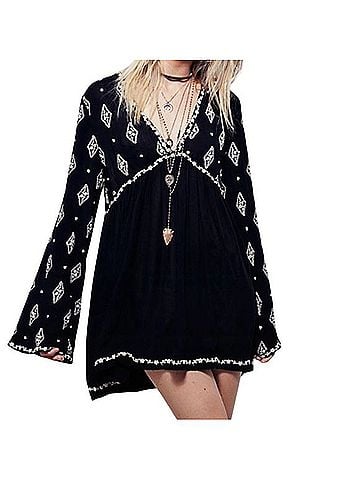 Free People V Neck Embroidered Long Sleeve Tunic Mini Dress Casual Dress (view 1)