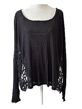 Free People 2014 NWT Black Lace Crochet Draped Sides Slouchy Linen Blend Top | Dark Coquette Boho Cottagecore Long Sleeve Blouse (view 2)