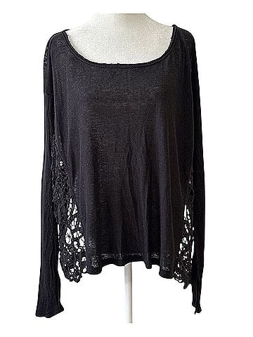 Free People 2014 NWT Black Lace Crochet Draped Sides Slouchy Linen Blend Top | Dark Coquette Boho Cottagecore Long Sleeve Blouse (view 2)