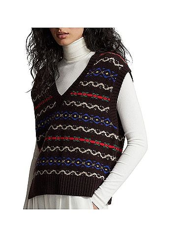Polo by Ralph Lauren Fair Isle V-Neck Brown Knit Wool Blend Sweater Vest (view 1)