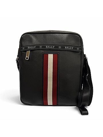 Bally BALLY HOLM Bovin Leather Striped Shoulder Bag with Logo Patch, Black, Made in Turkey, Men's (view 1)