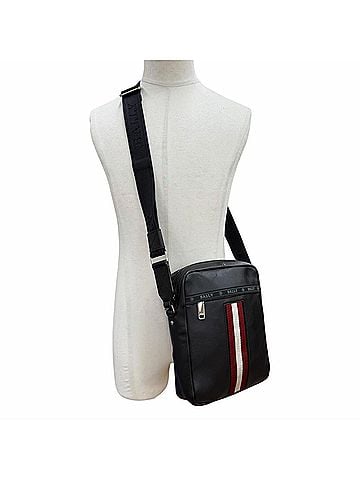 Bally BALLY HOLM Bovin Leather Striped Shoulder Bag with Logo Patch, Black, Made in Turkey, Men's (view 2)
