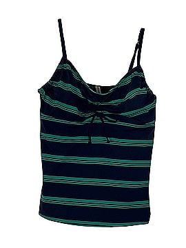 Lands' End Navy Blue and Green Striped Ruched Tankini Swimsuit Top (view 1)