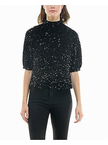 Nicole Miller Ava Velvet Sequin Short Sleeve Top in Very Black (view 2)