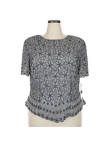 Papell Boutique Evening Adrianna Papell Silver Grey and Blue Embellished Blouse Blouse (view 1)