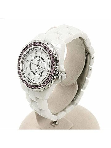 Chanel Chanel J12 33mm H2010 Women's Watch, Date, 12 Diamonds, Pink Sapphire, White Ceramic Quartz Watch (view 2)