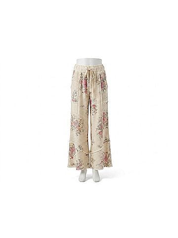 Easel Waffle Floral Wide Leg Pant in Pink Flowers On Beige (view 1)