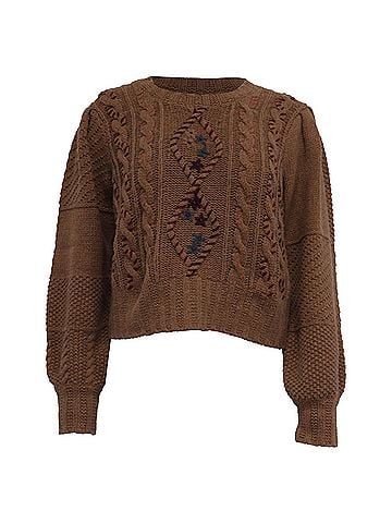 LoveShackFancy Loveshackfancy Leni Embroidered Sweater in Brown Nylon (view 1)