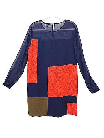 Diane von Furstenberg Dvf Navy Orange Colorblock Silk Sheer Sleeve Dress Casual Dress (view 2)