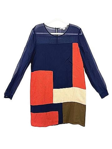 Diane von Furstenberg Dvf Navy Orange Colorblock Silk Sheer Sleeve Dress Casual Dress (view 1)