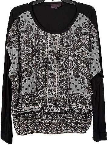 Hale Bob Hale Bob Silk Front Panel Mixed-Media Knit Top Long Sleeve Blouse (view 1)
