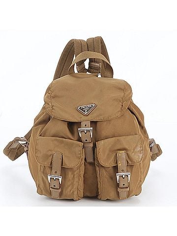 Prada Prada Tessuto Nylon Triangle Logo Leather Backpack, Brown, Women's (view 1)