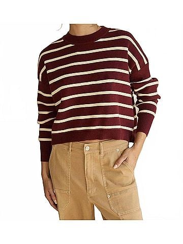 Skies Are Blue Striped Cropped Sweater in Burgundy/Ivory (view 2)