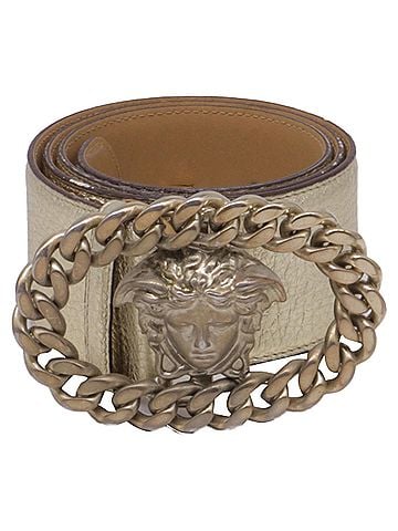 Versace Versace Medusa Buckled Belt in Metallic Gold Leather (view 1)