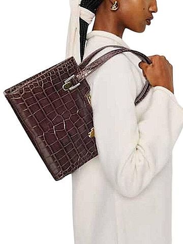 Reformation Nara Smith Croc Embossed Leather Chocolate Brown Bag Shoulder Bag (view 2)