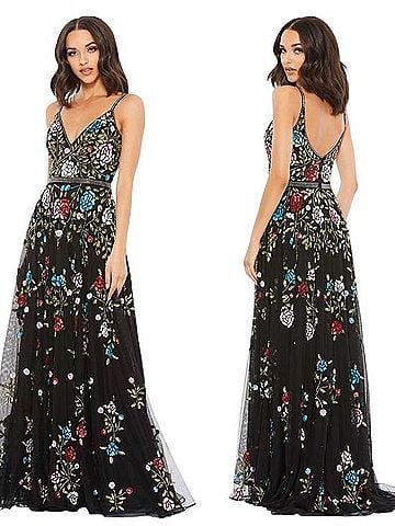 Mac Duggal Black Floral Embellished Plunging Neck A-line Gown Cocktail Dress (view 1)