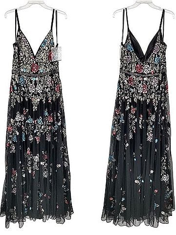 Mac Duggal Black Floral Embellished Plunging Neck A-line Gown Cocktail Dress (view 2)