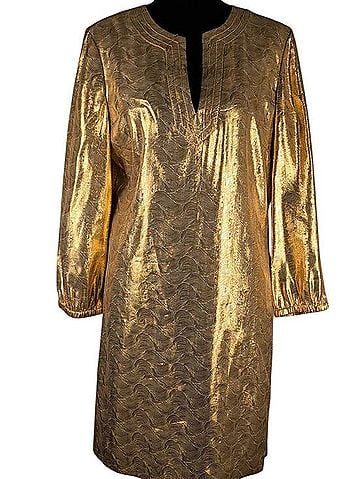 Tory Burch Gold Metallic Shift Dress Cocktail Dress (view 1)