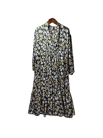 Mango MNG Floral V-Neck Smocked Waist Tiered Midi Floral Cottagecore Dress Casual Dress (view 1)