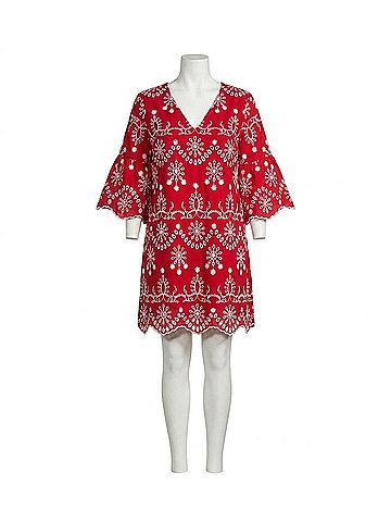 Karen Kane Flare Sleeve Embroidered Dress - Plus in Red With Off White (view 1)