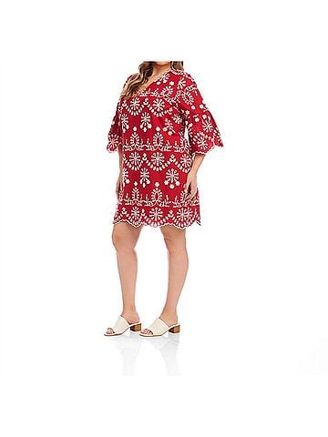 Karen Kane Flare Sleeve Embroidered Dress - Plus in Red With Off White (view 2)