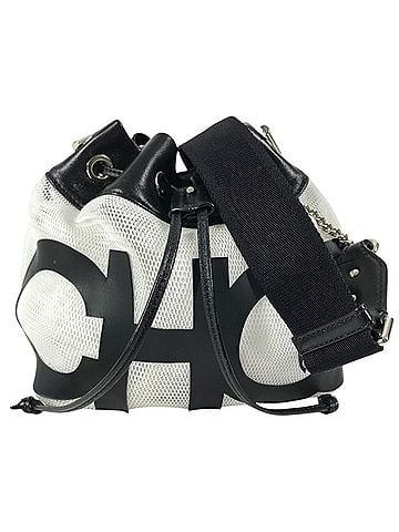 Jimmy Choo JIMMY CHOO JUNO Mesh Logo Crossbody Bag with Chain Strap, Drawstring Shoulder Bag, Leather, Black, for Men and Women (view 1)