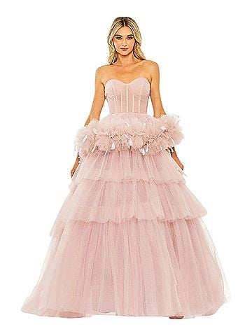 Mac Duggal MAC DUGGAL Strapless Tulle Ball Gown Feather Detail Rose Sz 8 20572 NWT $998 Cocktail Dress (view 1)