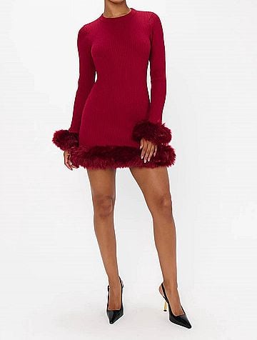 Show Me Your Mumu Fran Dress in Cranberry Rib With Faux Fur (view 2)